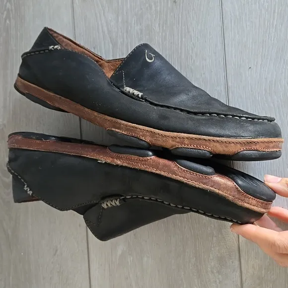 OluKai Men's Moloa Black Leather Loafers Slip On Shoes Sz 10