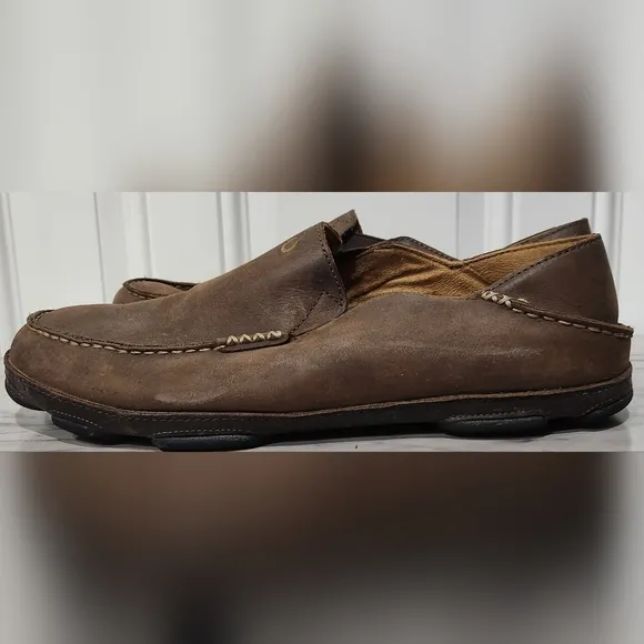 Olukai Moloa dark wood brown leather loafers men's size 12
