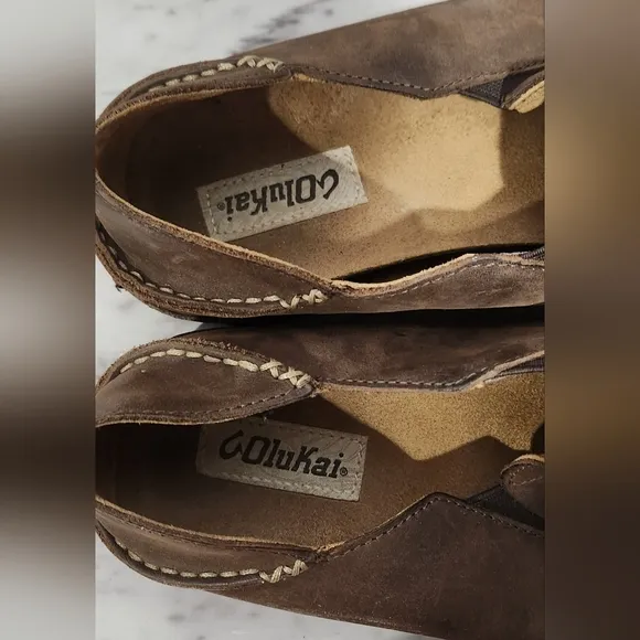 Olukai Moloa dark wood brown leather loafers men's size 12