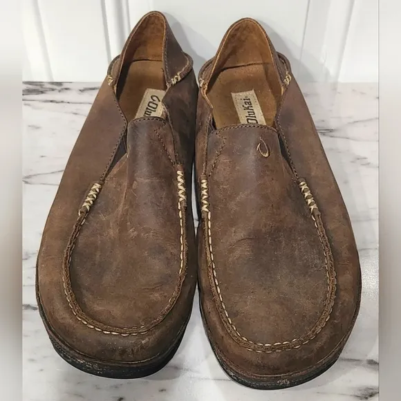 Olukai Moloa dark wood brown leather loafers men's size 12
