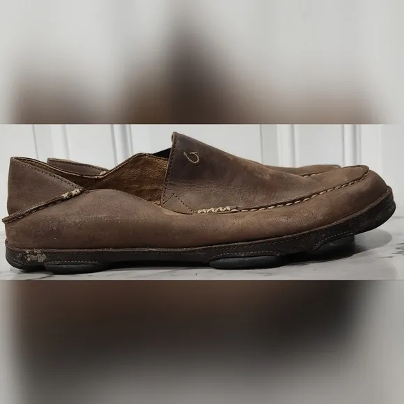 Olukai Moloa dark wood brown leather loafers men's size 12