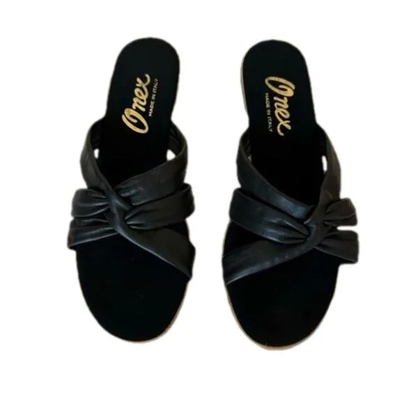 Onex Sail Black Slip On Sandals Leather Cork Wedge Size 11 Summer Chic Mules