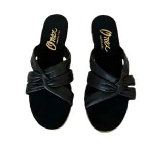 Onex Sail Black Slip On Sandals Leather Cork Wedge Size 11 Summer Chic Mules