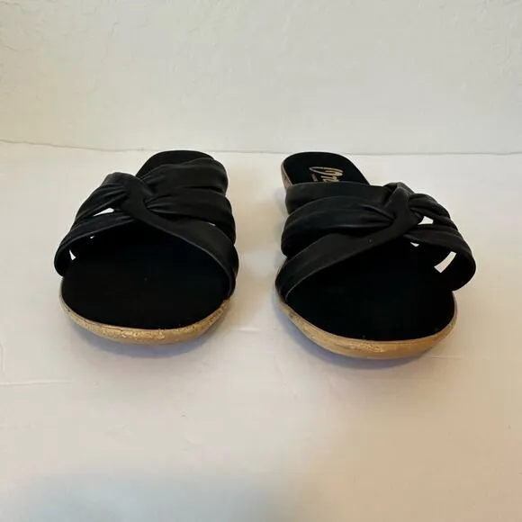 Onex Sail Black Slip On Sandals Leather Cork Wedge Size 11 Summer Chic Mules