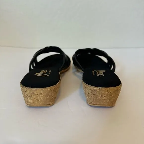 Onex Sail Black Slip On Sandals Leather Cork Wedge Size 11 Summer Chic Mules