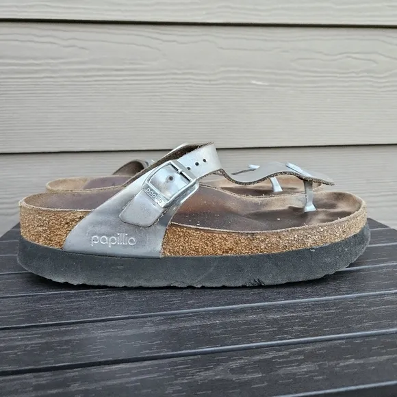 Papillio Birkenstock Gizeh Platform Sandal Chunky Silver Slides EU 40 Women's 9