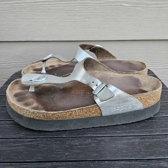 Papillio Birkenstock Gizeh Platform Sandal Chunky Silver Slides EU 40 Women's 9