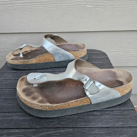 Papillio Birkenstock Gizeh Platform Sandal Chunky Silver Slides EU 40 Women's 9