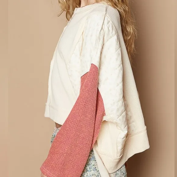 POL Quilted Contrast Waffle Knit Crop Top Patchwork High-low Long Sleeve Sweater