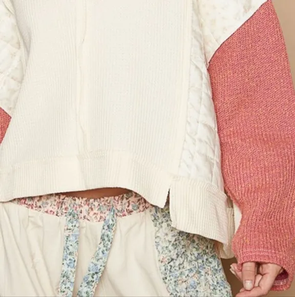 POL Quilted Contrast Waffle Knit Crop Top Patchwork High-low Long Sleeve Sweater