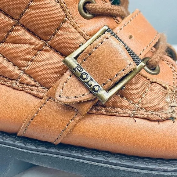 POLO RALPH LAUREN Kids Leather Lace Up Ankle Boots Sz 2 Ranger Hi II Tan Quilted
