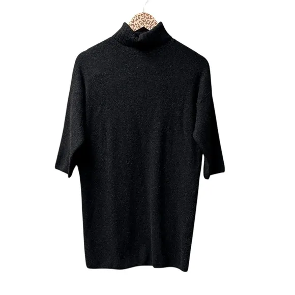 Pomander Place Viviane Shimmer 3/4 Sleeve Turtleneck Mini Dress Black XS