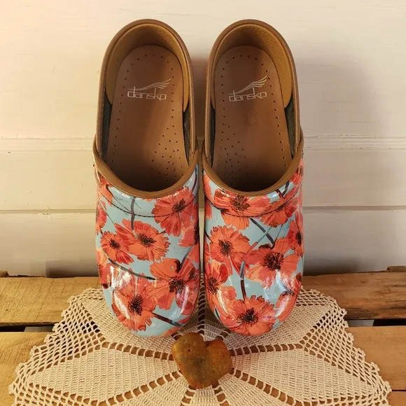 Poppy Dansko Pro Honey Clog Floral Blue Orange Patent Leather Boho Cottage 37 39