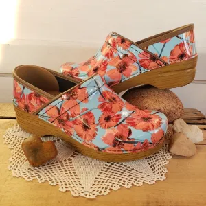 Poppy Dansko Pro Honey Clog Floral Blue Orange Patent Leather Boho Cottage 37 39