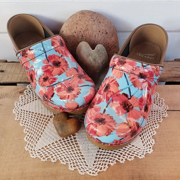 Poppy Dansko Pro Honey Clog Floral Blue Orange Patent Leather Boho Cottage 37 39