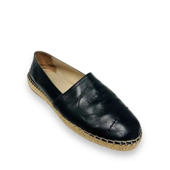 PRADA Black Leather Embossed Logo Espadrilles Flats Size 38 US 8