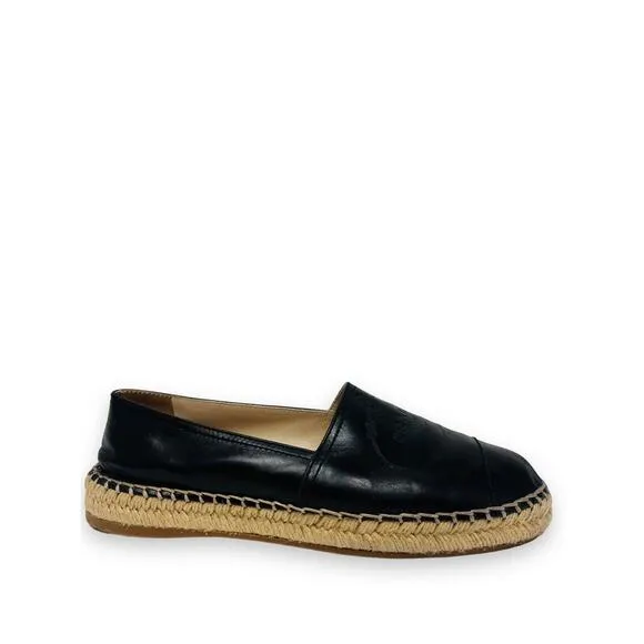 PRADA Black Leather Embossed Logo Espadrilles Flats Size 38 US 8
