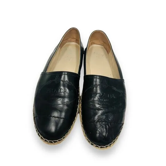 PRADA Black Leather Embossed Logo Espadrilles Flats Size 38 US 8