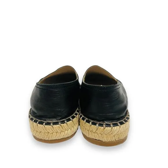 PRADA Black Leather Embossed Logo Espadrilles Flats Size 38 US 8