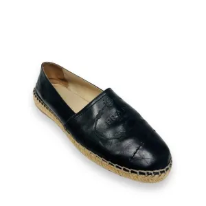 PRADA Black Leather Embossed Logo Espadrilles Flats Size 38 US 8
