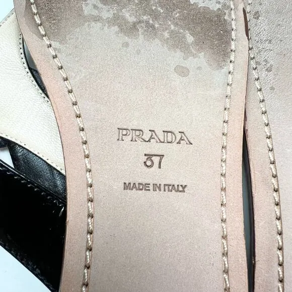PRADA Dice Patent Leather T-Strap Sandals EU 37 US 7 Black Yellow Flats