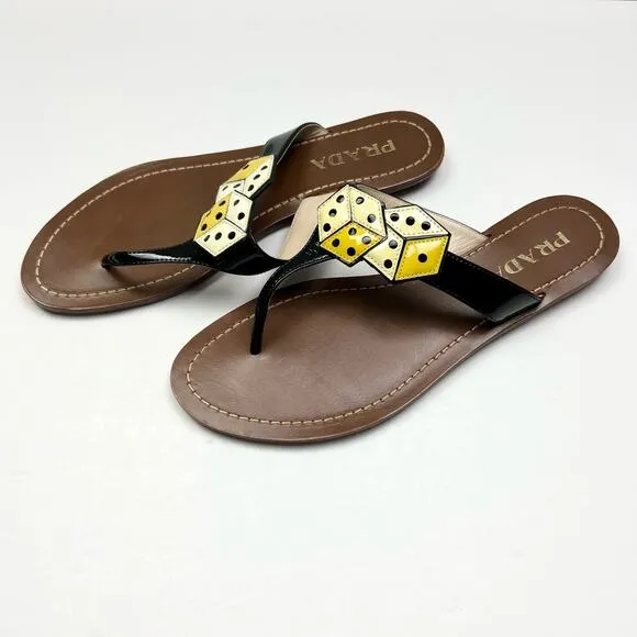PRADA Dice Patent Leather T-Strap Sandals EU 37 US 7 Black Yellow Flats
