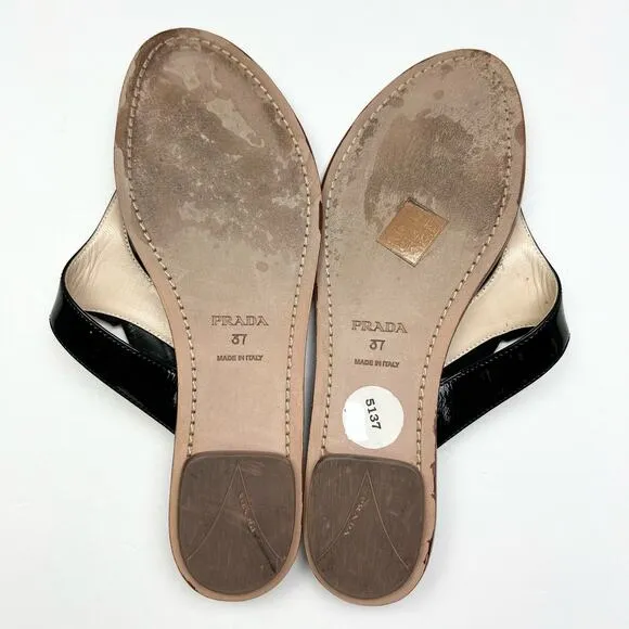 PRADA Dice Patent Leather T-Strap Sandals EU 37 US 7 Black Yellow Flats