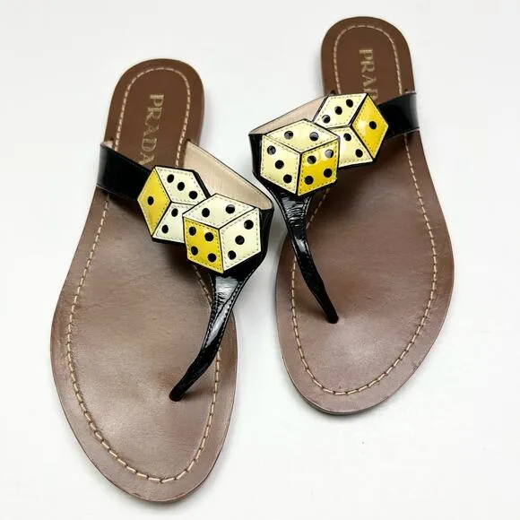 PRADA Dice Patent Leather T-Strap Sandals EU 37 US 7 Black Yellow Flats