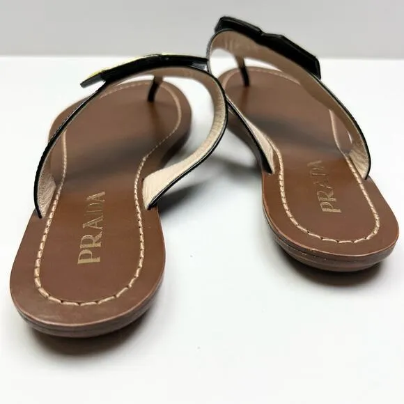 PRADA Dice Patent Leather T-Strap Sandals EU 37 US 7 Black Yellow Flats