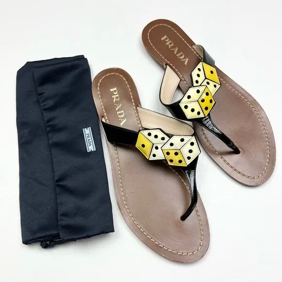 PRADA Dice Patent Leather T-Strap Sandals EU 37 US 7 Black Yellow Flats