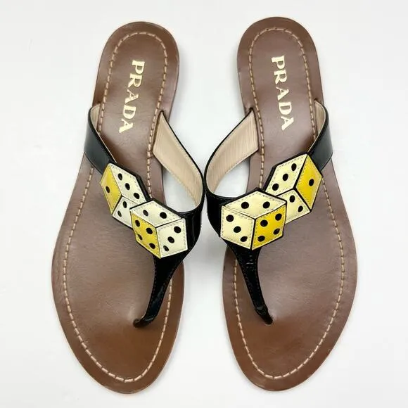 PRADA Dice Patent Leather T-Strap Sandals EU 37 US 7 Black Yellow Flats