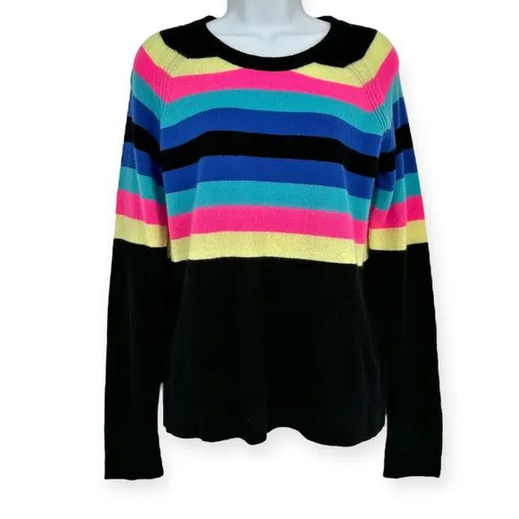 PURE AMICI Rainbow Stripe Cashmere Sweater‎ in Black/Rainbow NWT size M Preppy