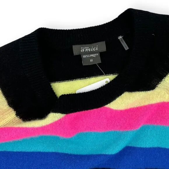 PURE AMICI Rainbow Stripe Cashmere Sweater‎ in Black/Rainbow NWT size M Preppy