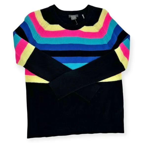 PURE AMICI Rainbow Stripe Cashmere Sweater‎ in Black/Rainbow NWT size M Preppy