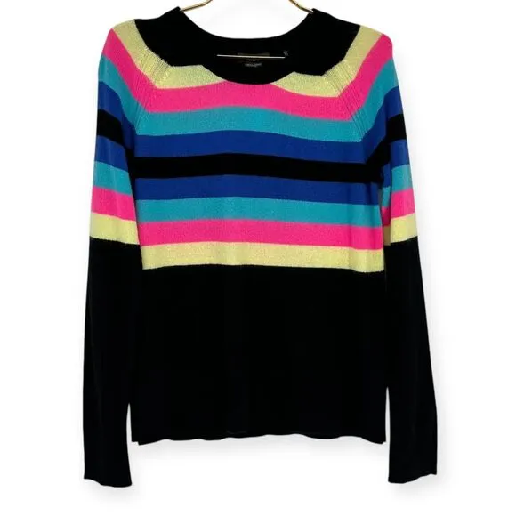 PURE AMICI Rainbow Stripe Cashmere Sweater‎ in Black/Rainbow NWT size M Preppy