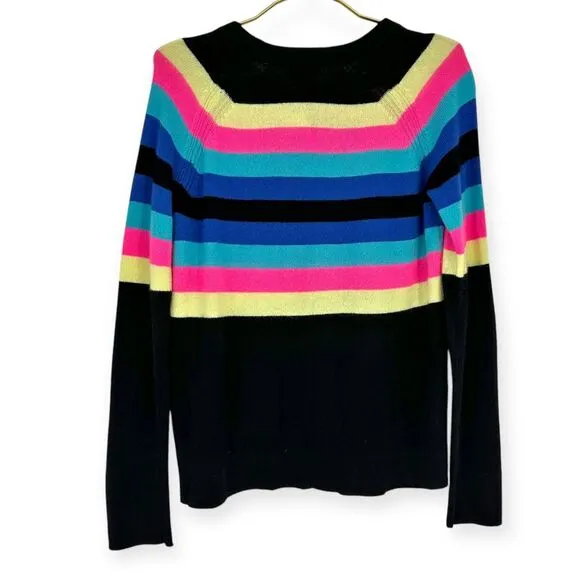 PURE AMICI Rainbow Stripe Cashmere Sweater‎ in Black/Rainbow NWT size M Preppy