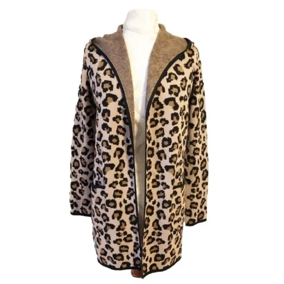 Rachel Zoe Open Longline Cardigan Animal Leopard Print Hood Lagenlook XS NWT