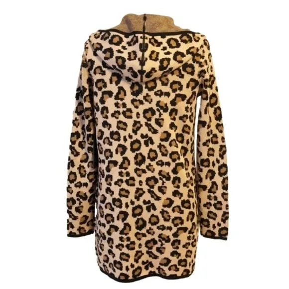 Rachel Zoe Open Longline Cardigan Animal Leopard Print Hood Lagenlook XS NWT
