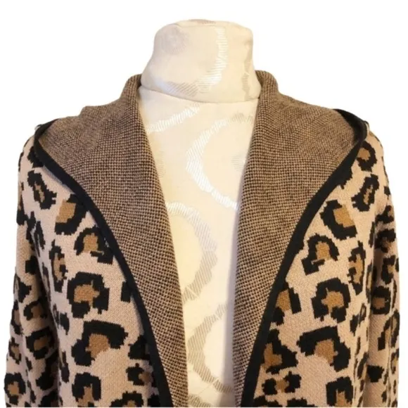 Rachel Zoe Open Longline Cardigan Animal Leopard Print Hood Lagenlook XS NWT