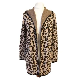 Rachel Zoe Open Longline Cardigan Animal Leopard Print Hood Lagenlook XS NWT