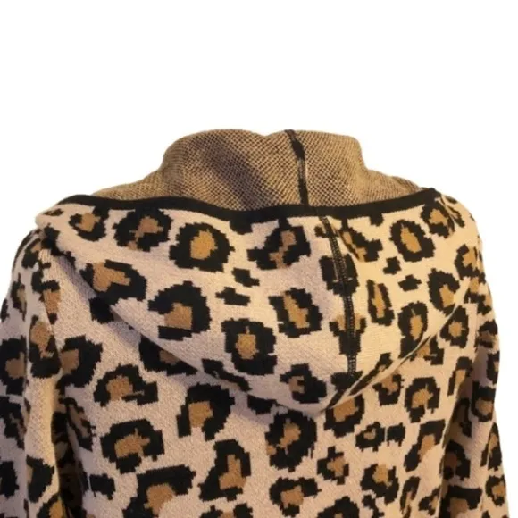 Rachel Zoe Open Longline Cardigan Animal Leopard Print Hood Lagenlook XS NWT