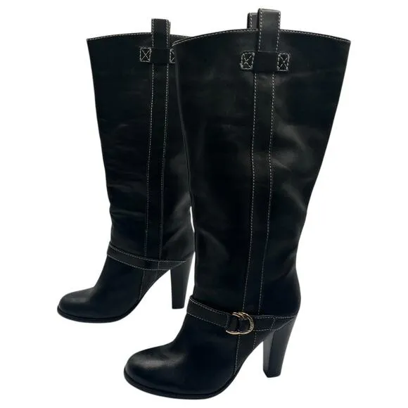 Ralph Lauren Buckle Moto Equestrian Riding Leather Heeled Boots Black Size 9M
