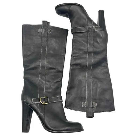 Ralph Lauren Buckle Moto Equestrian Riding Leather Heeled Boots Black Size 9M