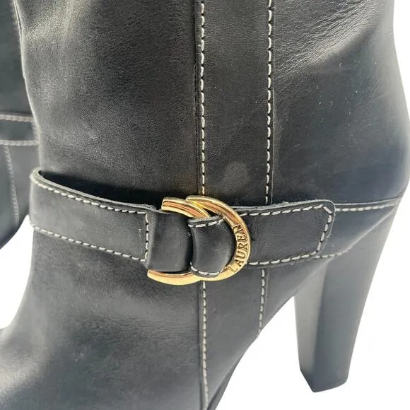 Ralph Lauren Buckle Moto Equestrian Riding Leather Heeled Boots Black Size 9M
