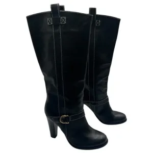 Ralph Lauren Buckle Moto Equestrian Riding Leather Heeled Boots Black Size 9M