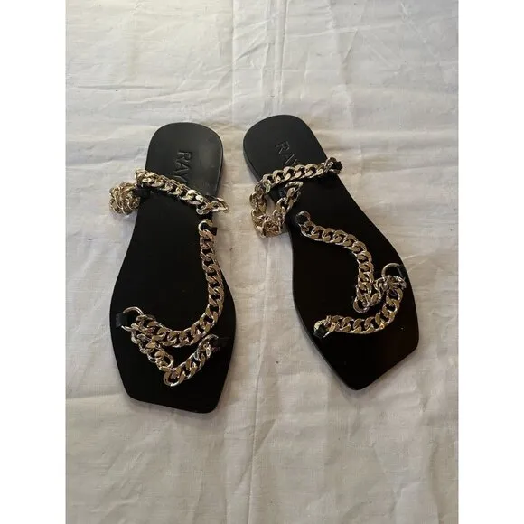 RAYE Chain Sandals Black Flats Gold Chain