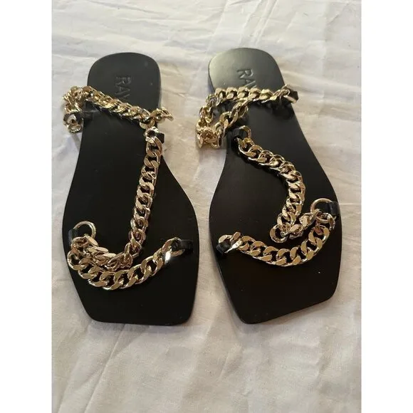 RAYE Chain Sandals Black Flats Gold Chain