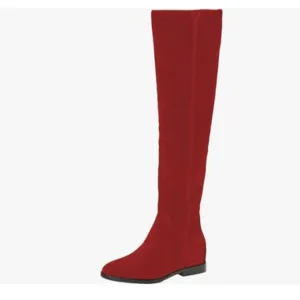 Red Women Almond Toe Knee High Boots with Partial Zipper Stretchy Long Boot