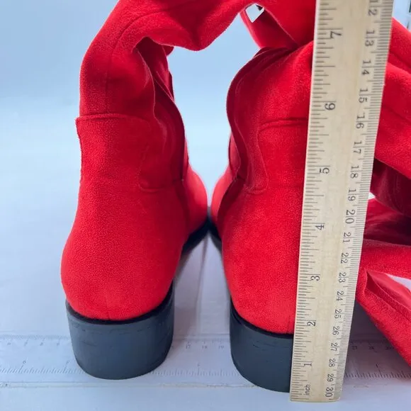Red Women Almond Toe Knee High Boots with Partial Zipper Stretchy Long Boot