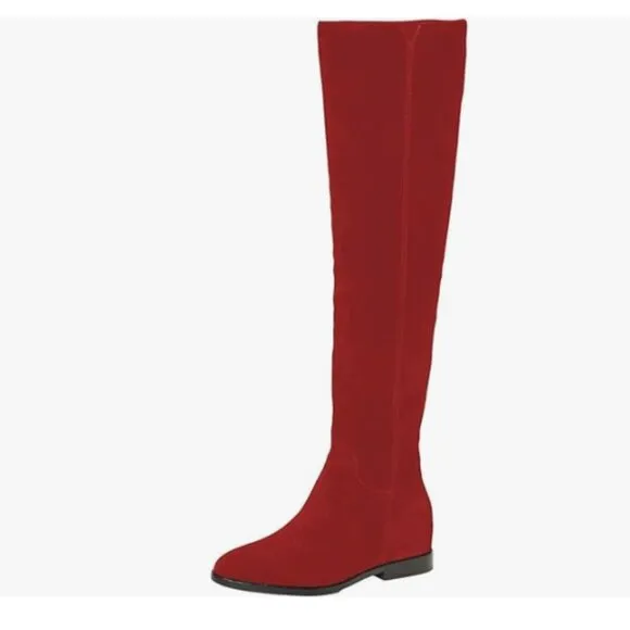 Red Women Almond Toe Knee High Boots with Partial Zipper Stretchy Long Boot
